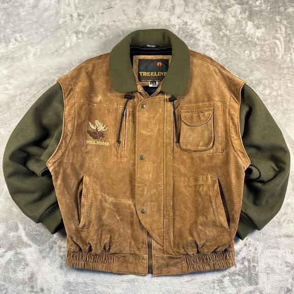 Treeline Outfitters Heavy Leather Jacket Mens XL Green Tan Bull Moose Hunting - Picture 1 of 8